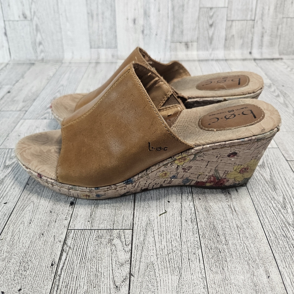 BOC by Born Dianna Brown Leather Upper Floral Cork Wedge Sandals Women's Size 9